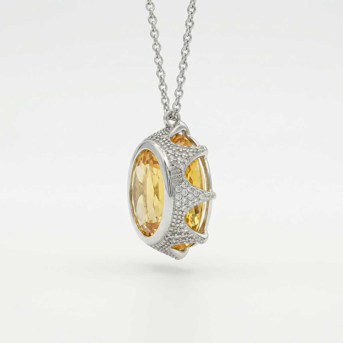 Queens Pendant Necklace with Yellow Oval Stone – on White Gold