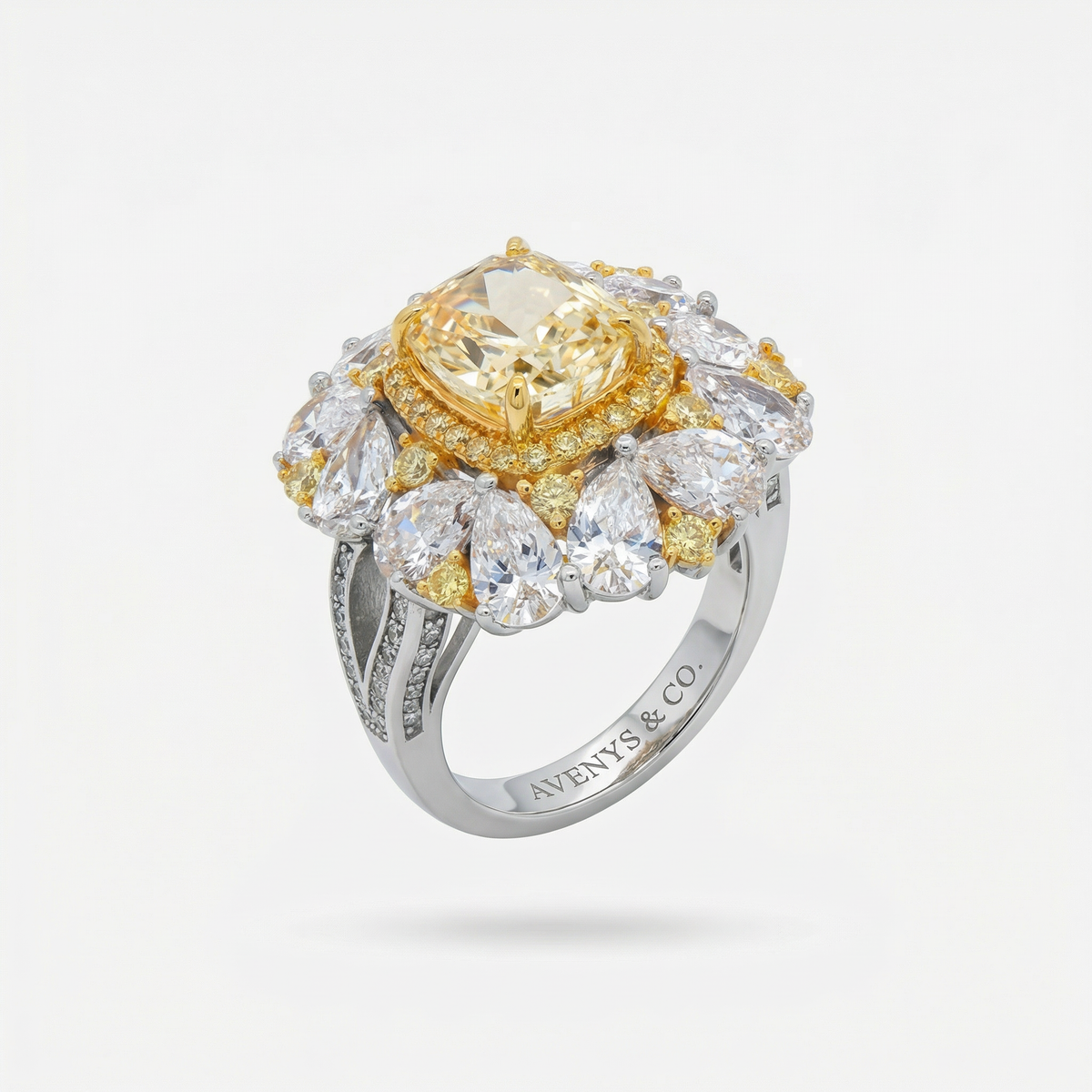 Royal Flower Halo Ring with Yellow Cushion Stone – on White Gold