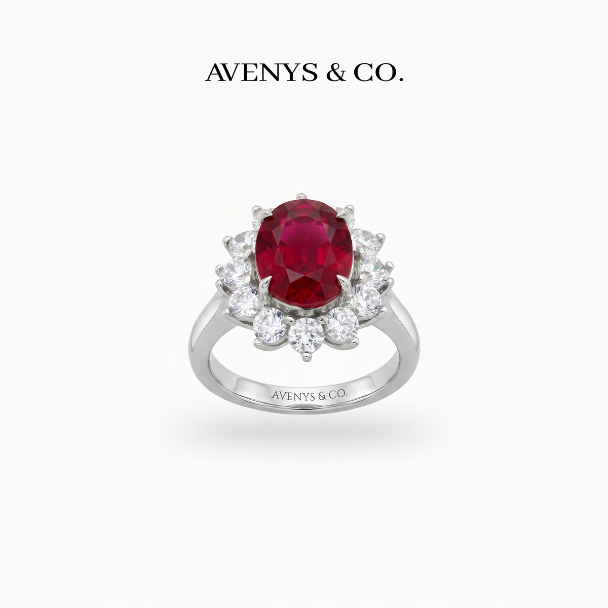 Classic Halo Ring with Red Oval Stone – on White Gold