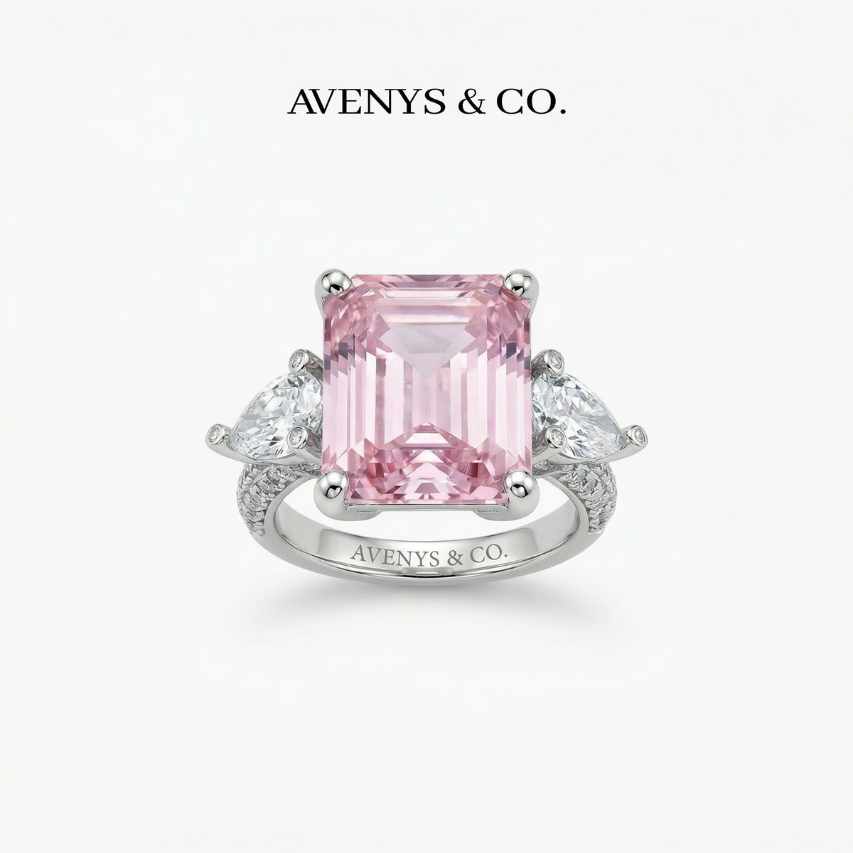 Emerald Pear Trilogy Ring with Pink Emerald Stone – on White Gold