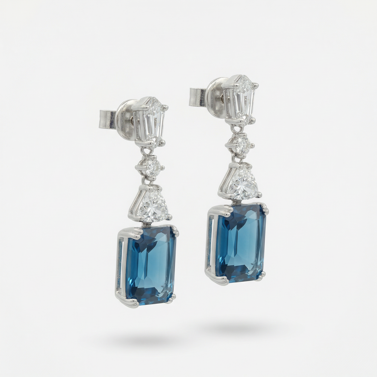 Radiant Drop Earrings with Blue Radiant Stone – on White Gold