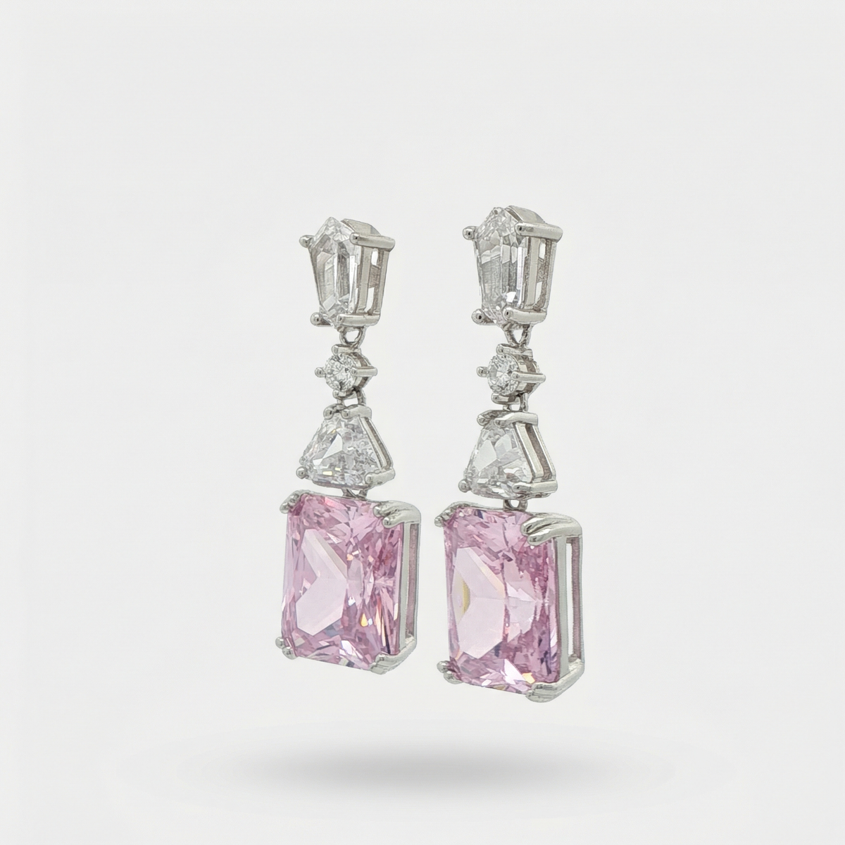 Radiant Drop Earrings with Pink Radiant Stone – on White Gold