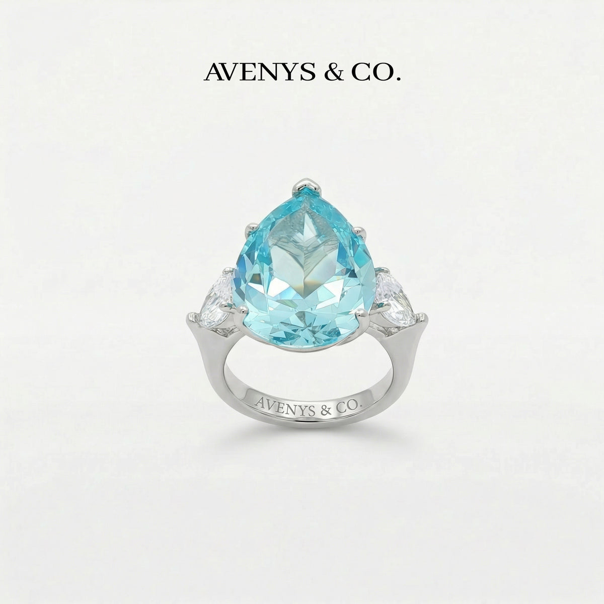 Pear Trilogy Ring with Aquamarine Pear Stone – on White Gold