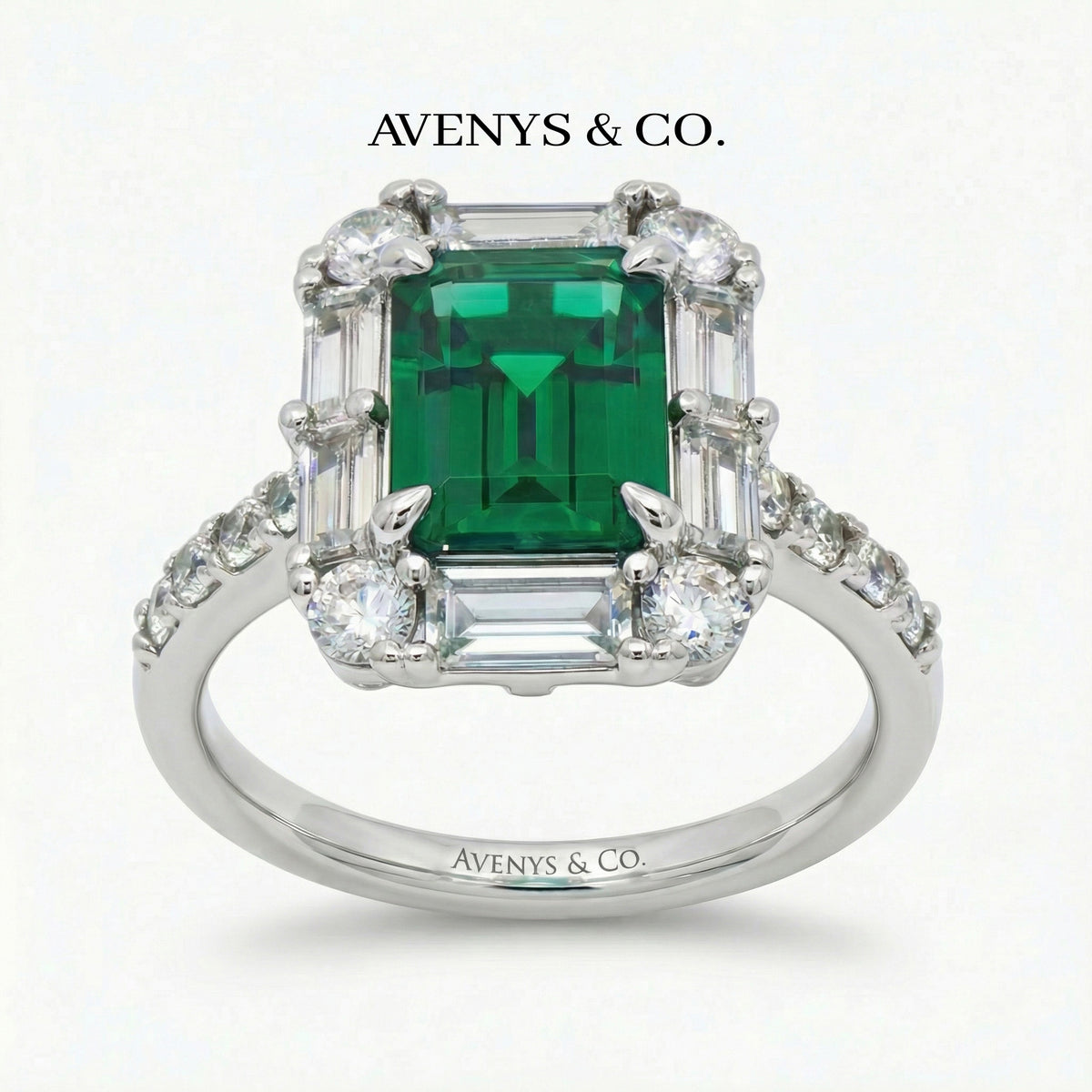 Eden Pave Ring with Green Emerald Stone – on White Gold