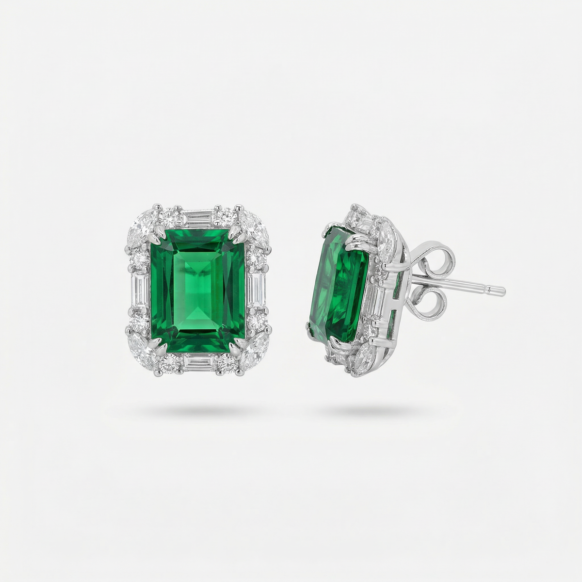 Eden Frame Earrings with Green Radiant Stone – on White Gold