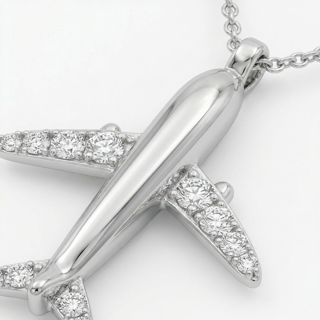 Airplane Necklace with White Round Stone – on White Gold