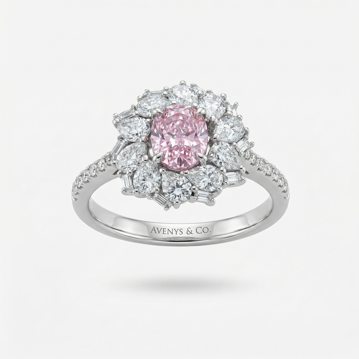 Bloom Halo Ring with Pink Oval Stone – on White Gold