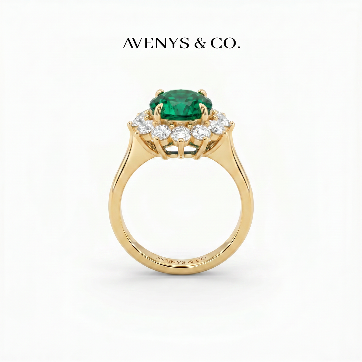 Classic Halo Ring with Green Oval Stone – on Yellow Gold