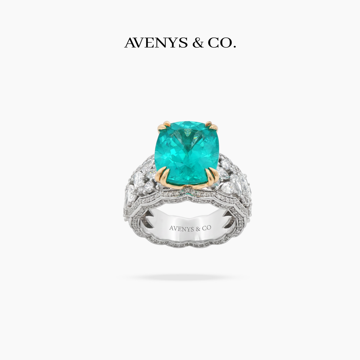 "The Oceanique" - Lab Paraiba Tourmaline and Lab Diamond Pavé Ring in 18k White Gold