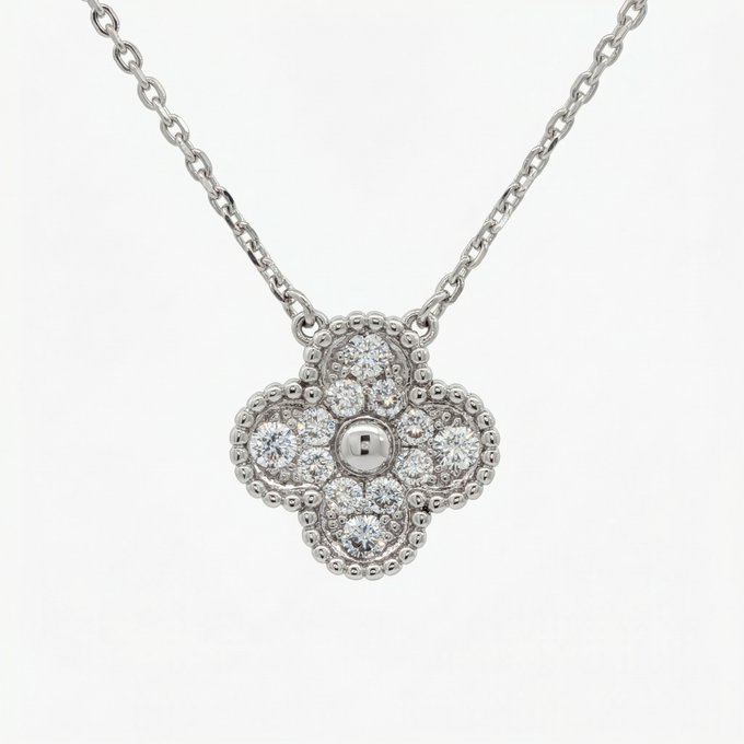 White Gold over Silver Clover Diamond Pendant Necklace