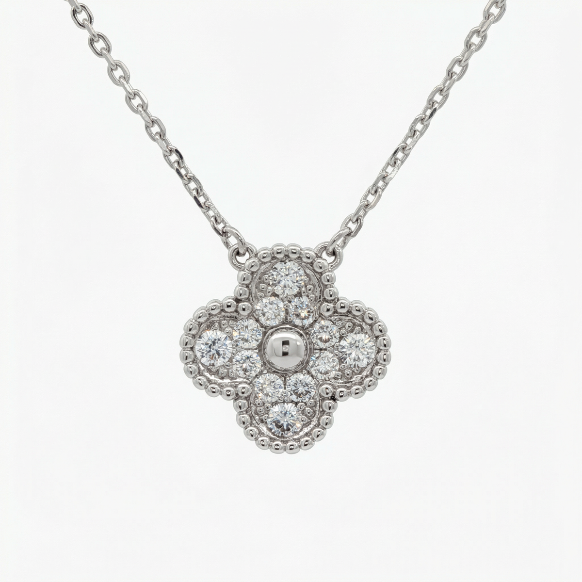 White Gold over Silver Clover Diamond Pendant Necklace