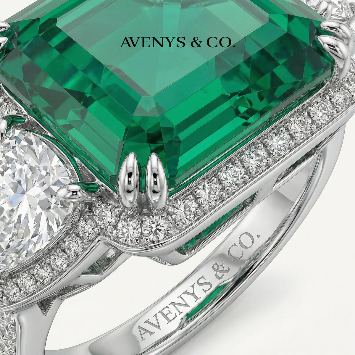 Queens Radiant Ring with Green Radiant Stone – on White Gold