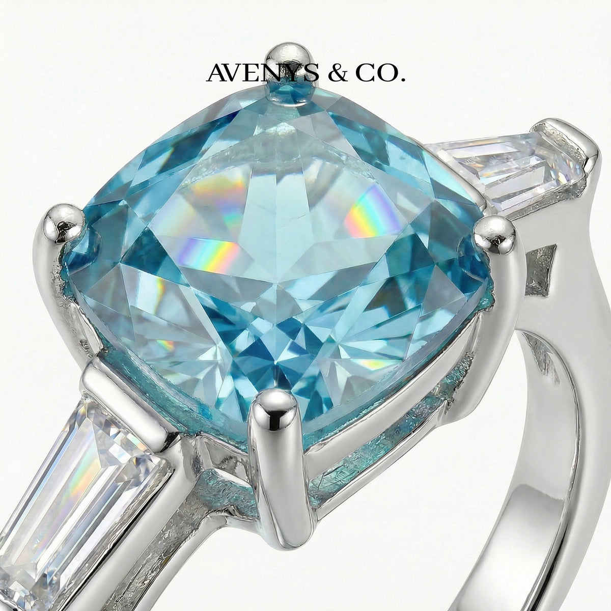 Princess Trilogy Ring with Aquamarine Princess Stone – on White Gold