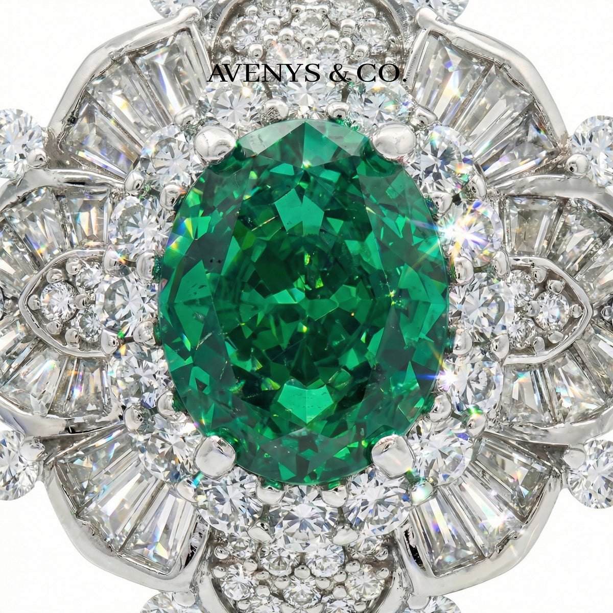 Bloom Burst Ring with Green Oval Stone – on White Gold
