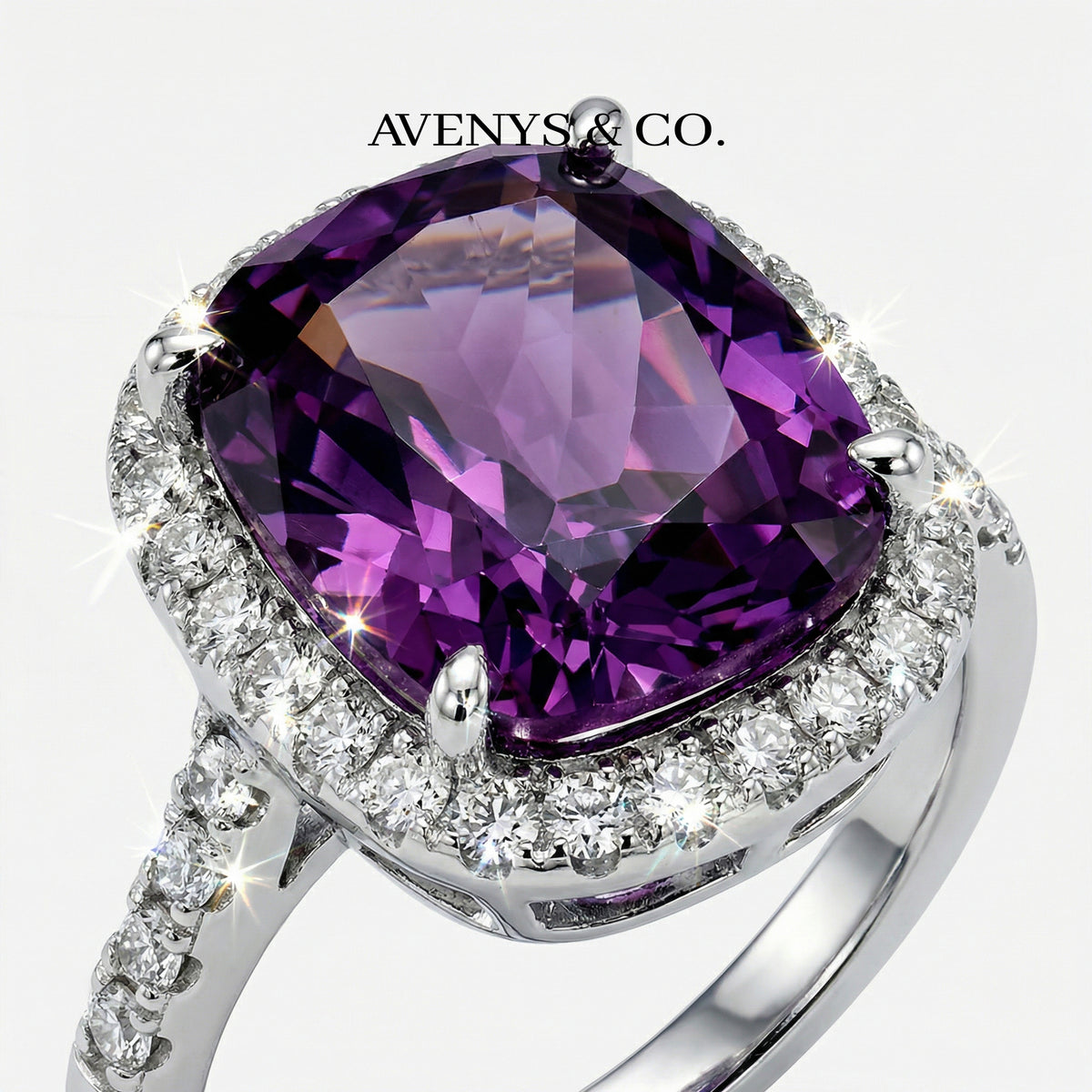 Amethyst Halo Ring with Purple Cushion Stone – on White Gold