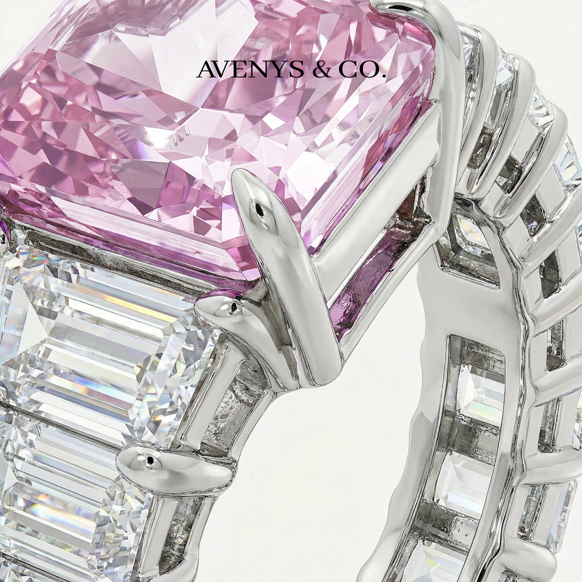 Princess Eternity Ring with Pink Radiant Stone – on White Gold