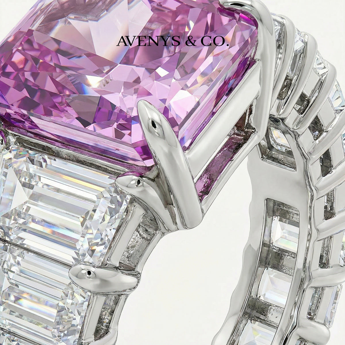 Princess Eternity Ring with Purple Radiant Stone – on White Gold