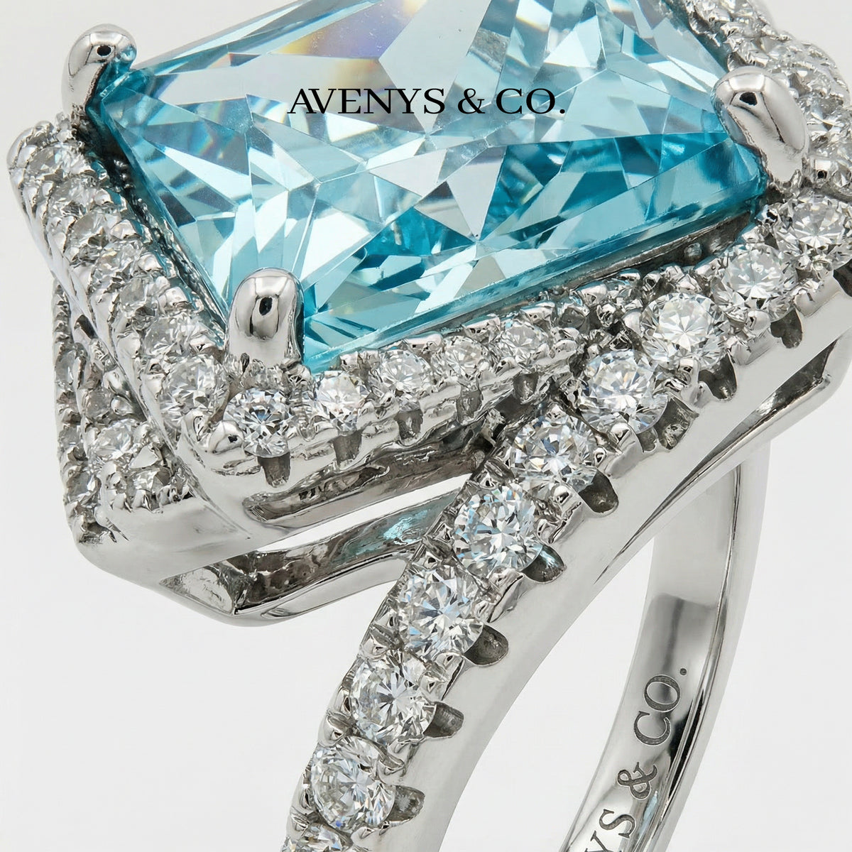 Side Radiant Ring with Aquamarine Radiant Stone – on White Gold