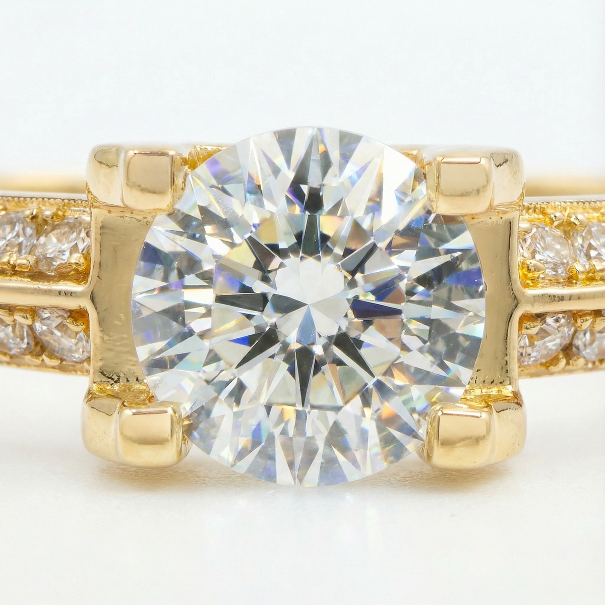 Suspension Pave Ring with White Round Stone – on Yellow Gold