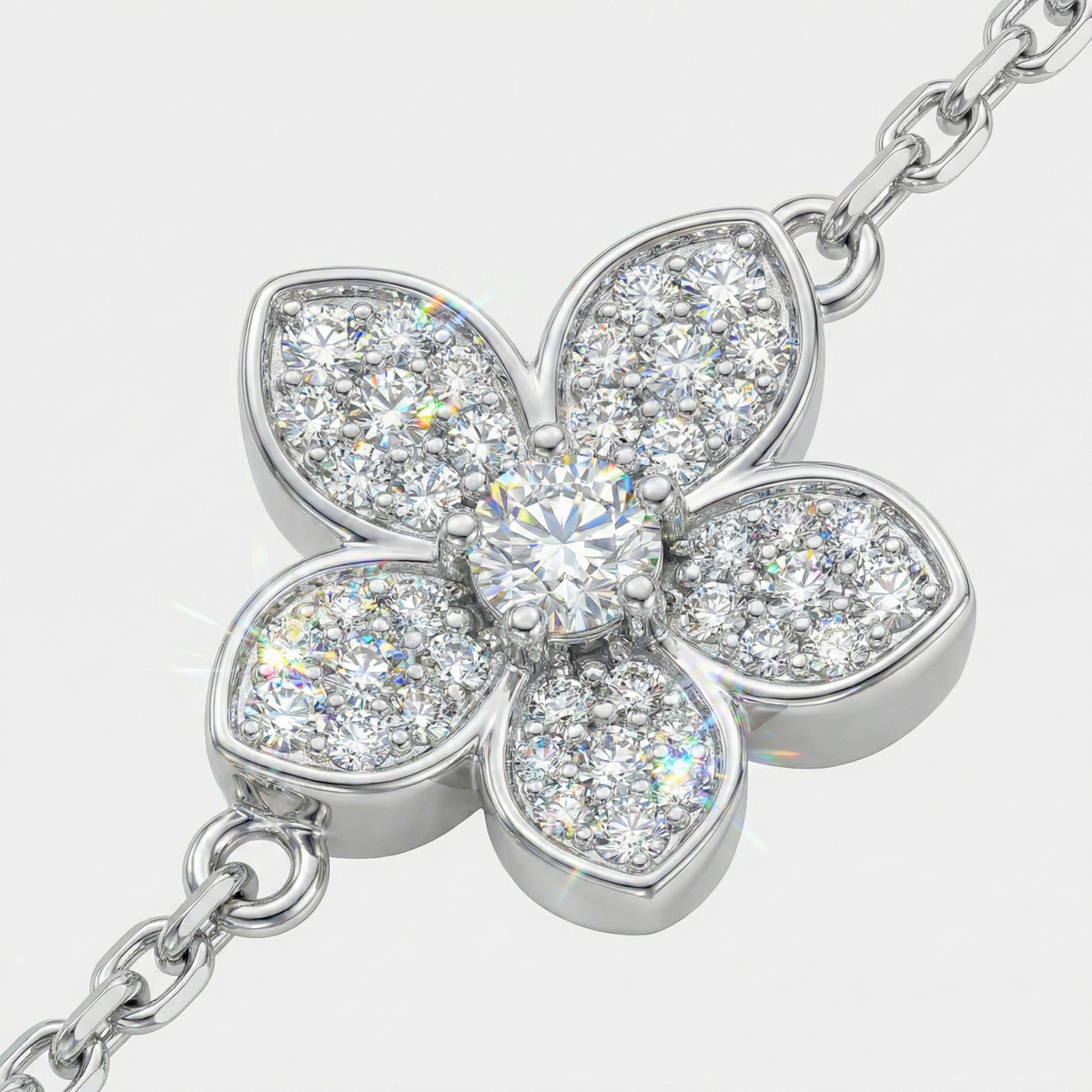 Flower Motif Chain Bracelet with White Round Stone – on White Gold