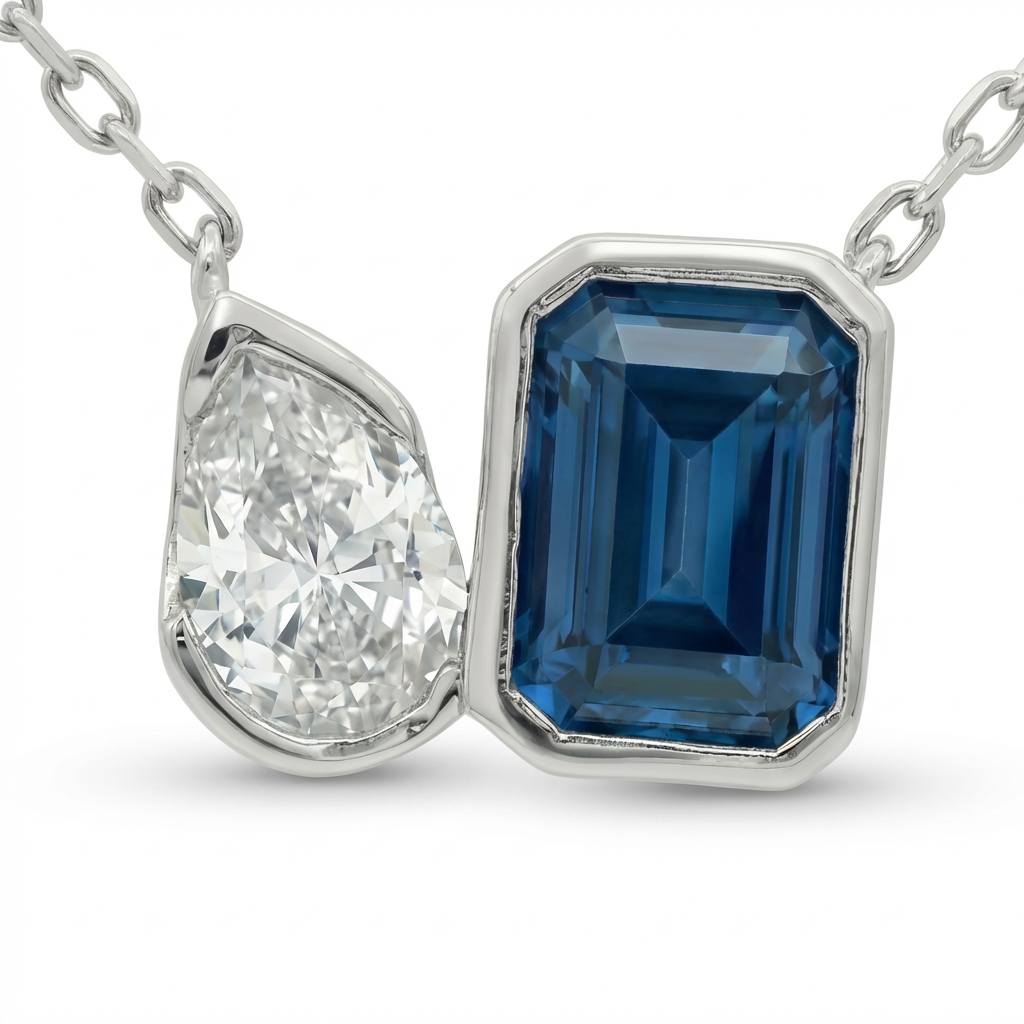 Duality Necklace with Blue Emerald Stone – on White Gold