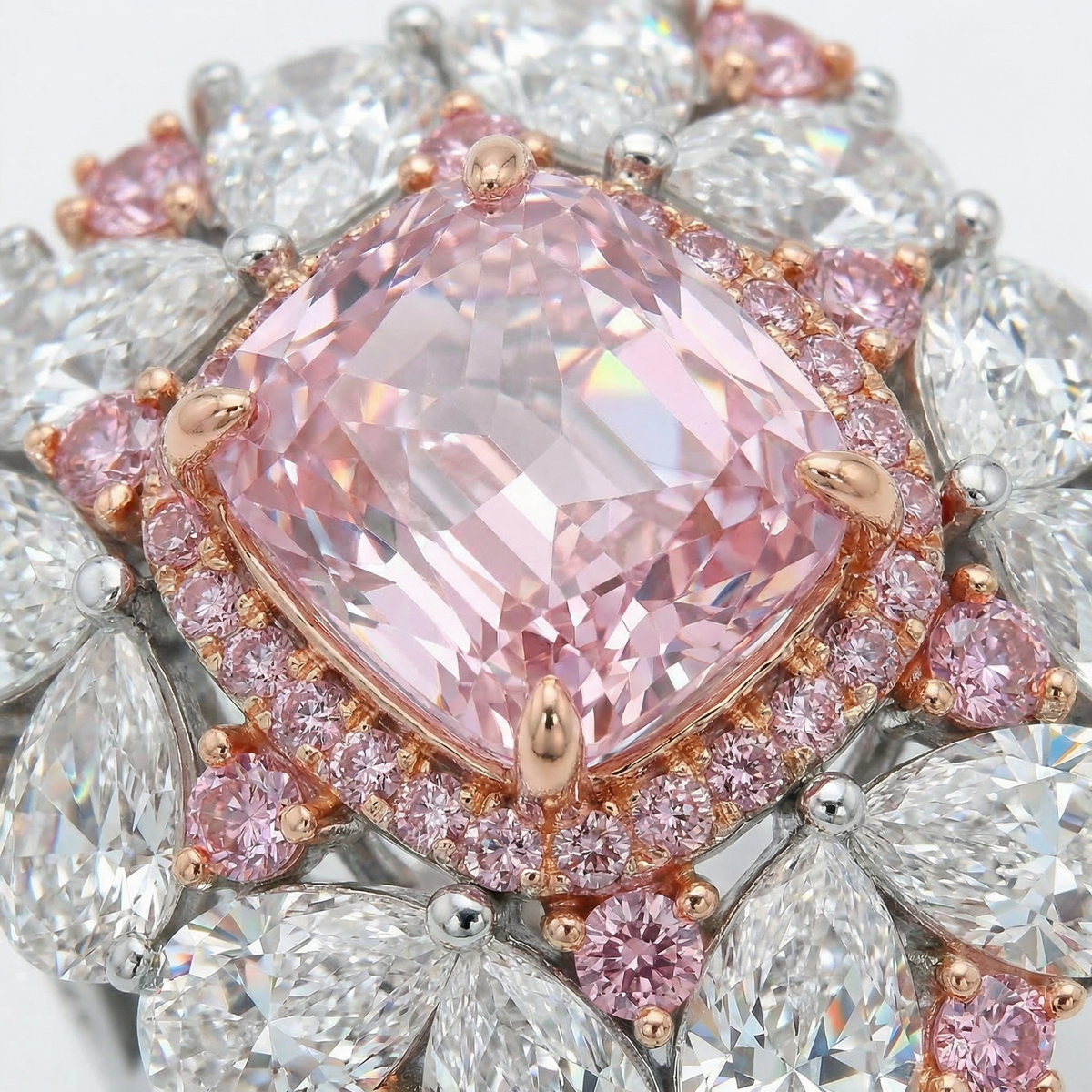Royal Flower Halo Ring with Pink Cushion Stone – on White Gold