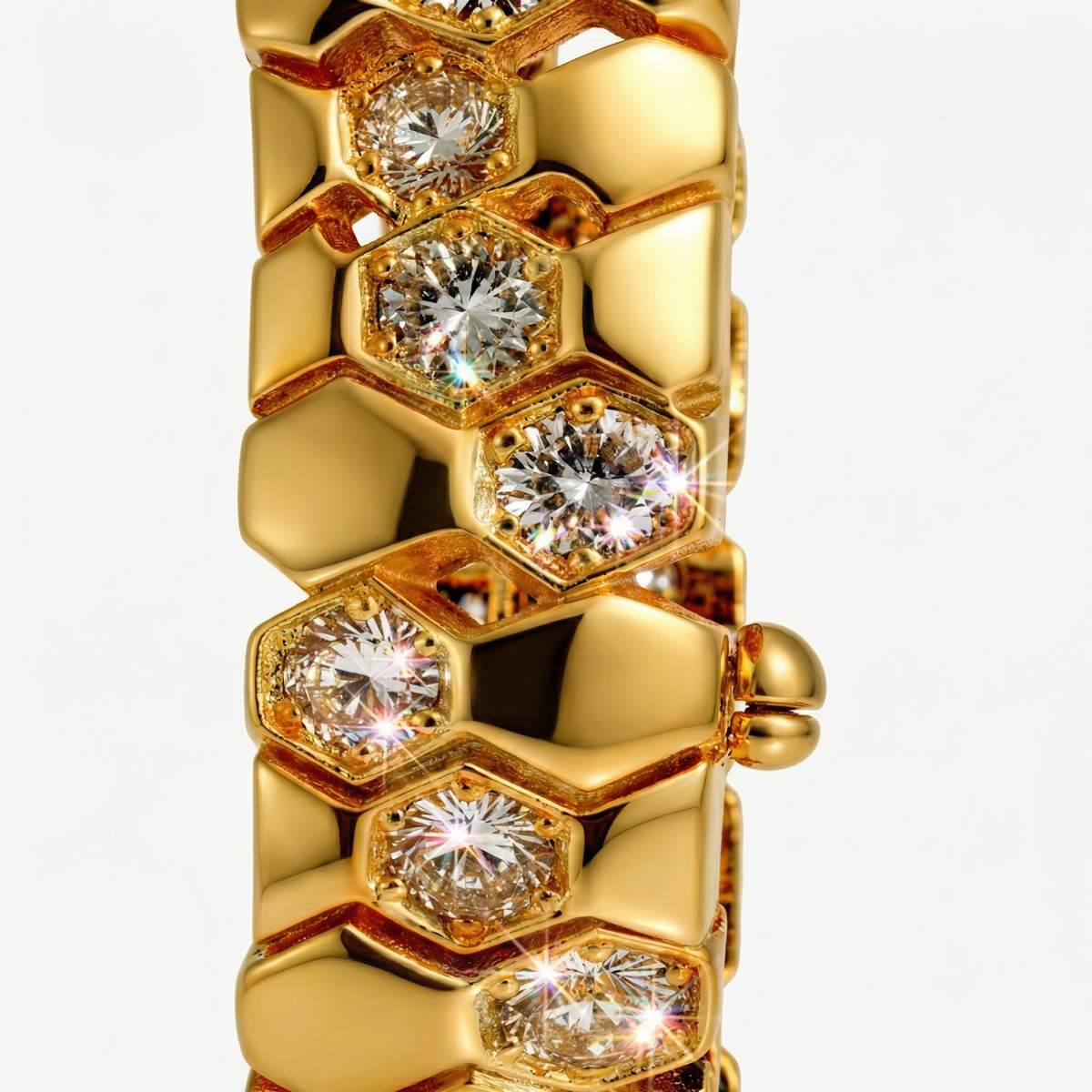 Honeycomb Wide Bracelet with White Round Stone – on Yellow Gold