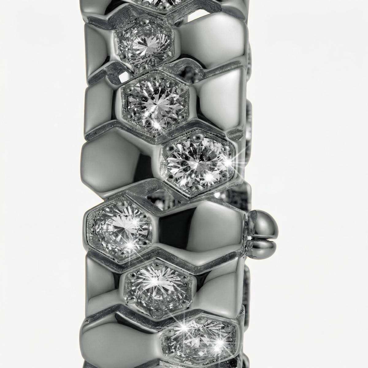 Honeycomb Wide Bracelet with White Round Stone – on White Gold