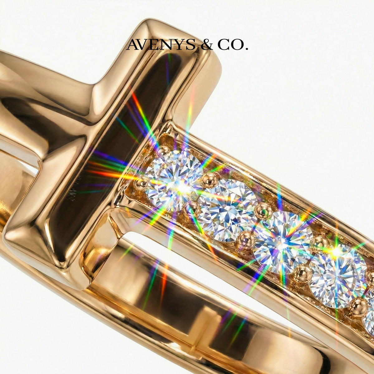 T Half Pave Ring with White Round Stone – on Yellow Gold