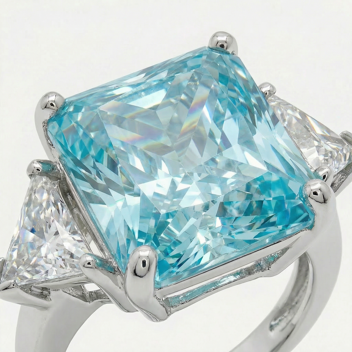 Square Radiant Ring with Aquamarine Radiant Stone – on White Gold
