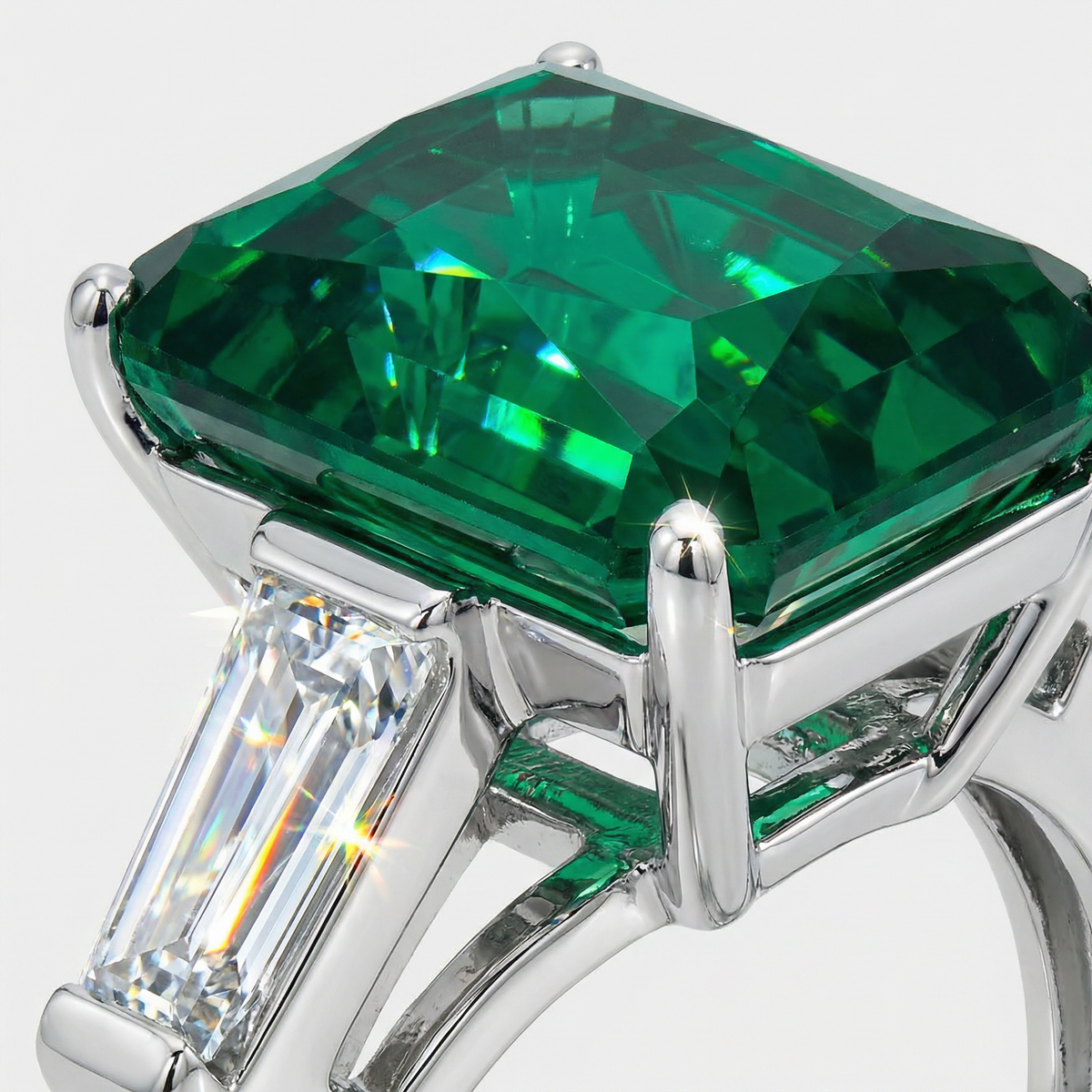 Radiant Trilogy Ring with Green Radiant Stone – on White Gold