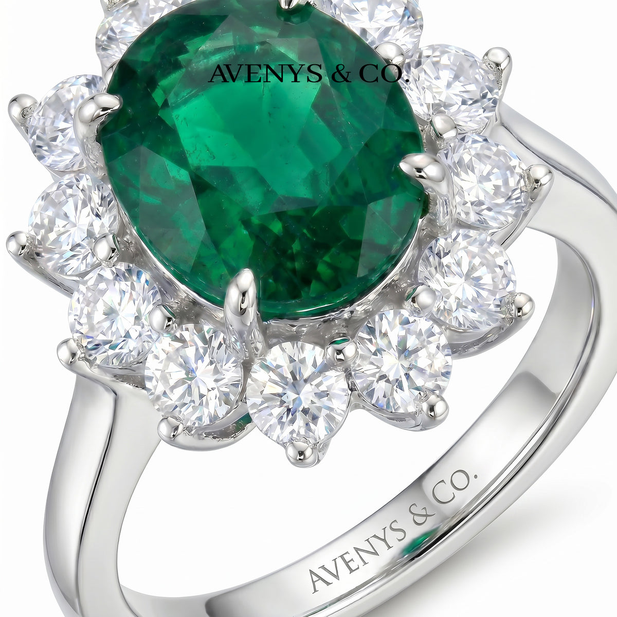 Classic Halo Ring with Green Oval Stone – on White Gold