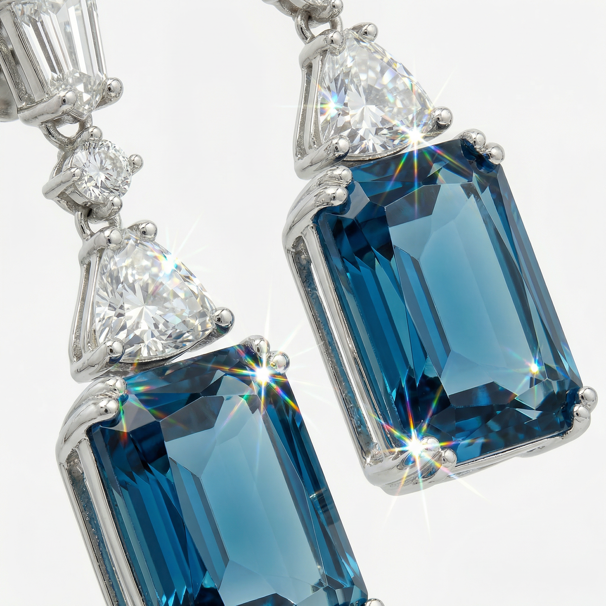 Radiant Drop Earrings with Blue Radiant Stone – on White Gold