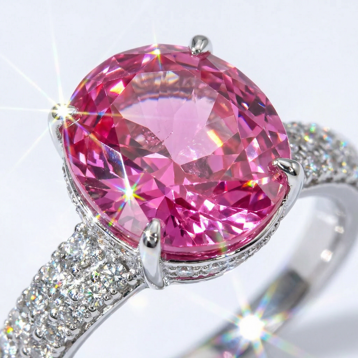 Oval Pave Ring with Pink Oval Stone – on White Gold