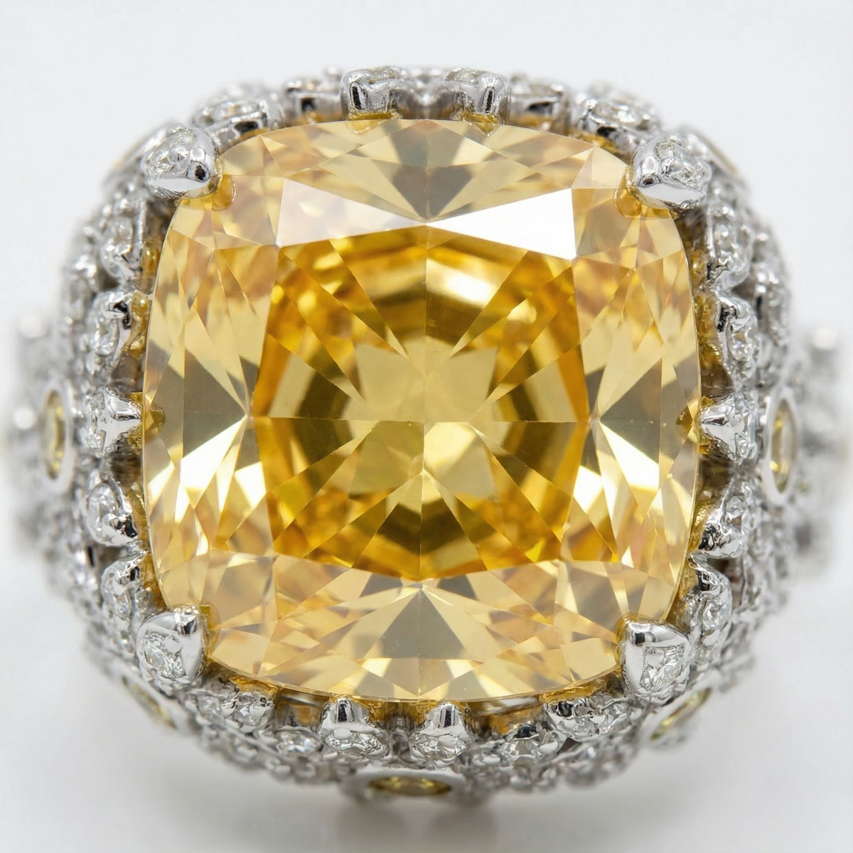 Crown Ring with Yellow Cushion Stone – on White Gold