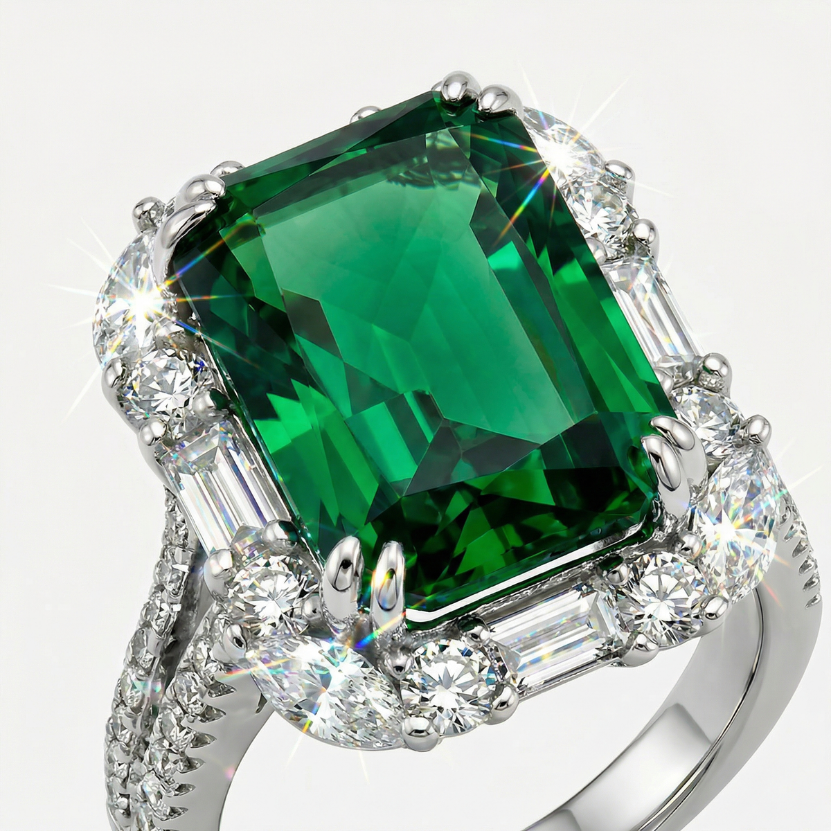 Eden Frame Ring with Green Radiant Stone – on White Gold