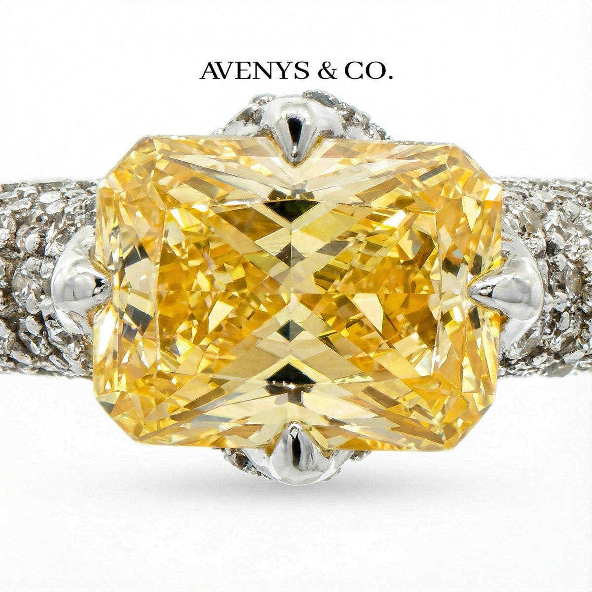 Radiant Horizon Pave Ring with Yellow Radiant Stone – on White Gold