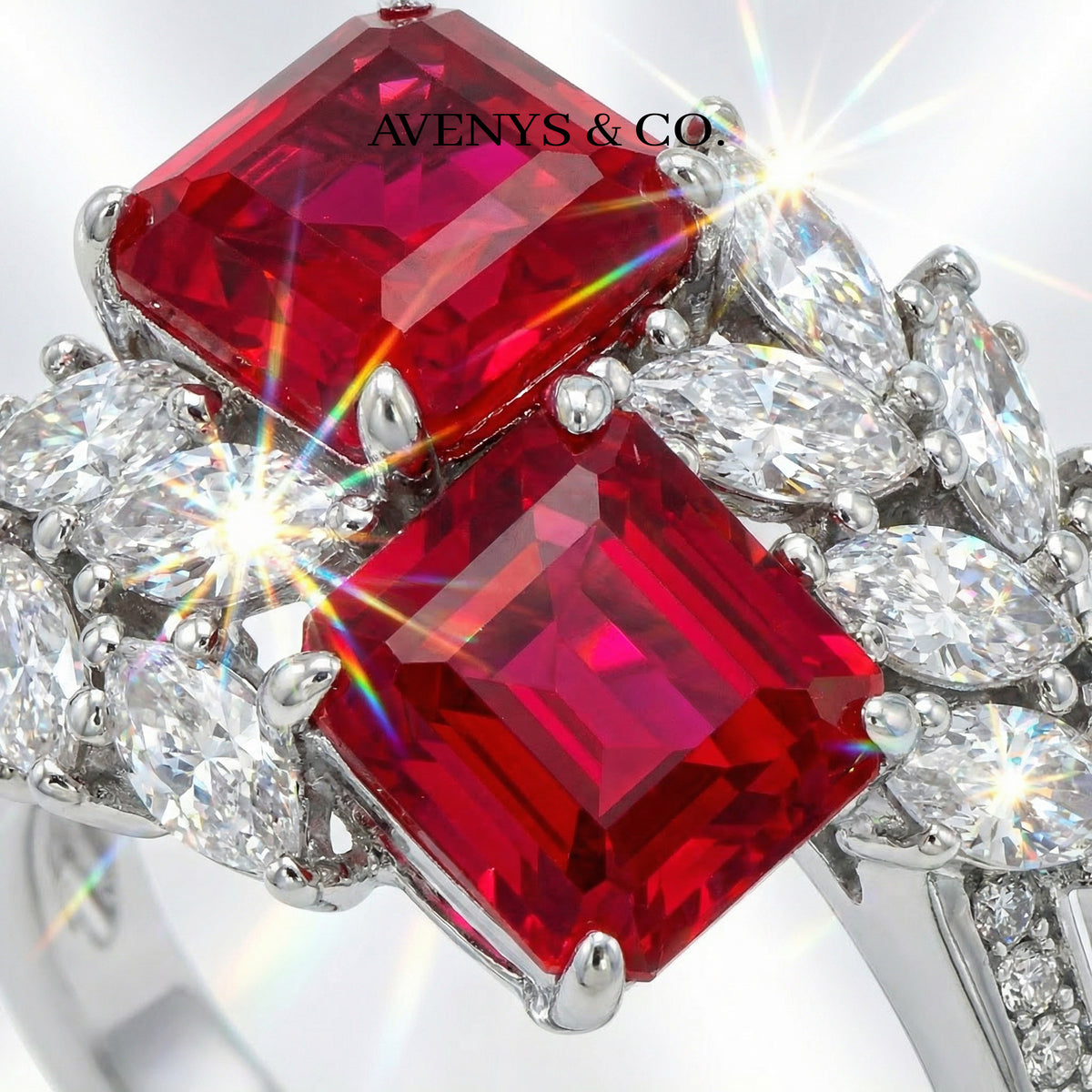 Offset Cluster Ring with Avenys Signature™ Square Emerald Pigeon Blood Ruby – on White Gold