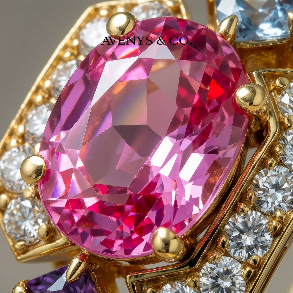 Octavia Halo Ring with Pink Oval Stone – on Yellow Gold