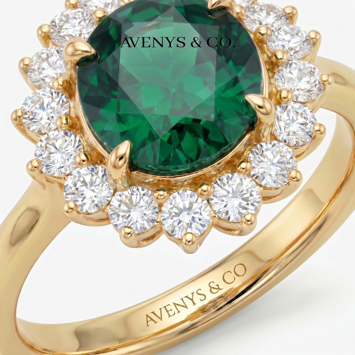 Classic Halo Ring with Green Oval Stone – on Yellow Gold