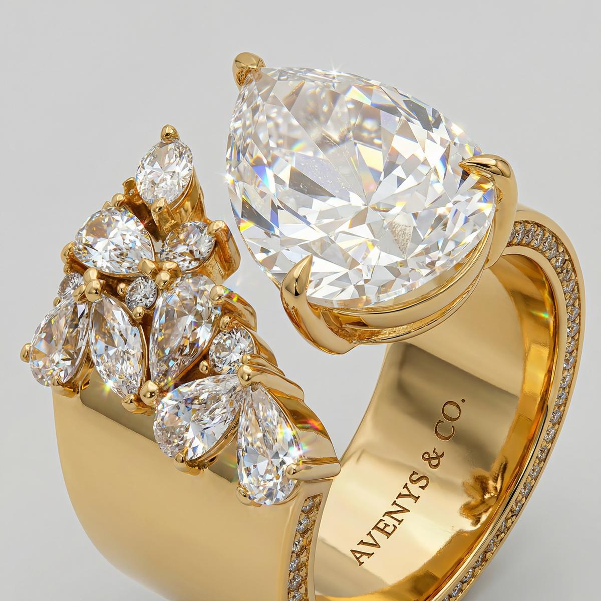 Valence Wide Cuff Ring with White Pear Stone – on Yellow Gold