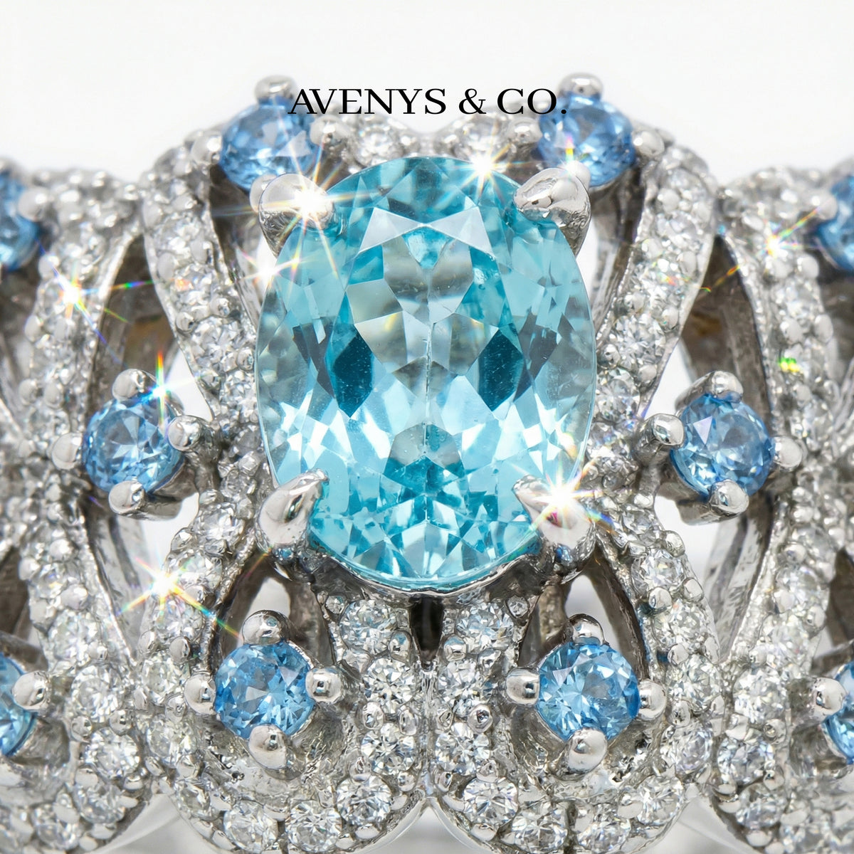 Floral Garden Ring with Aquamarine Oval Stone – on White Gold