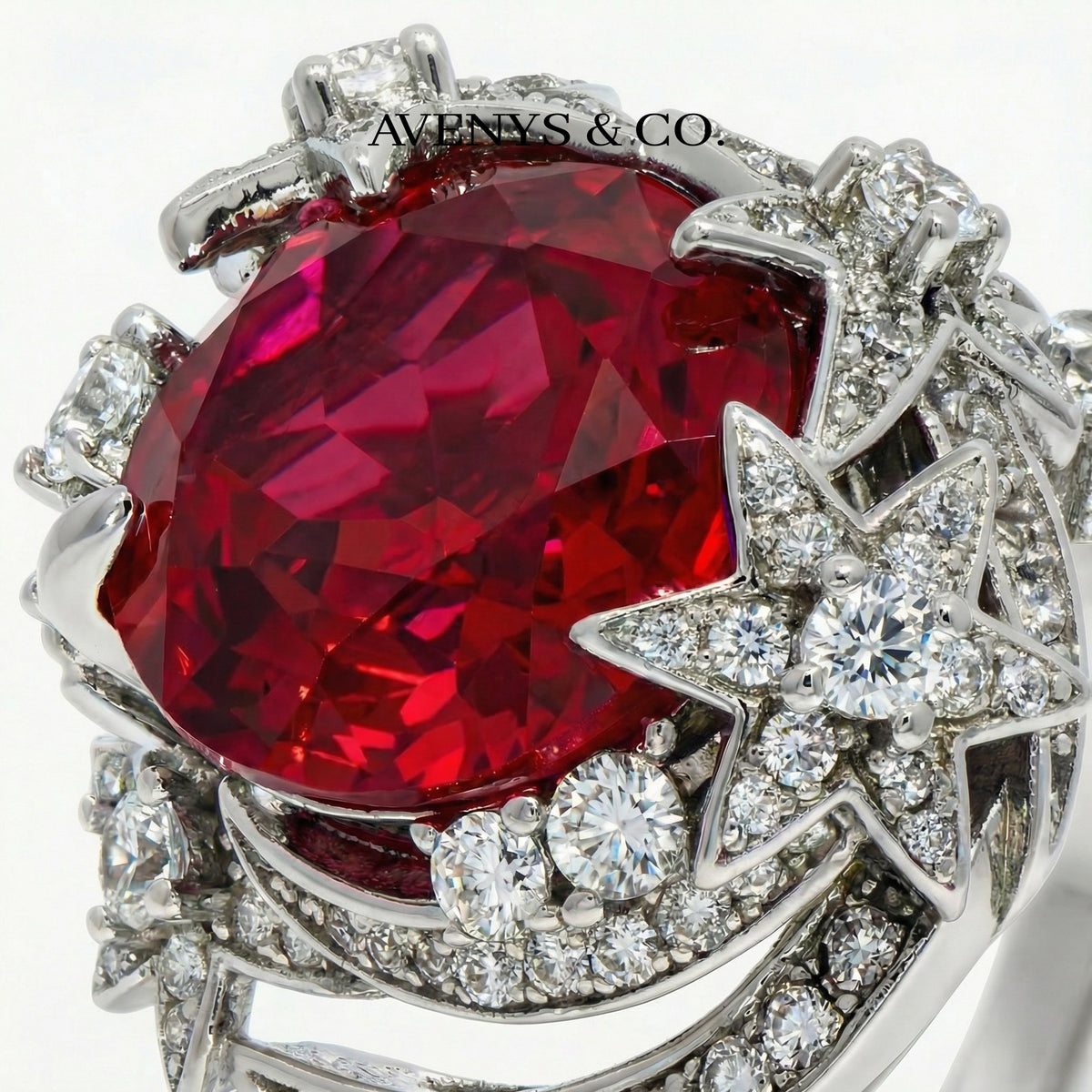 Starfall Pave Ring with Avenys Signature™ Oval Pigeon Blood Ruby – on White Gold