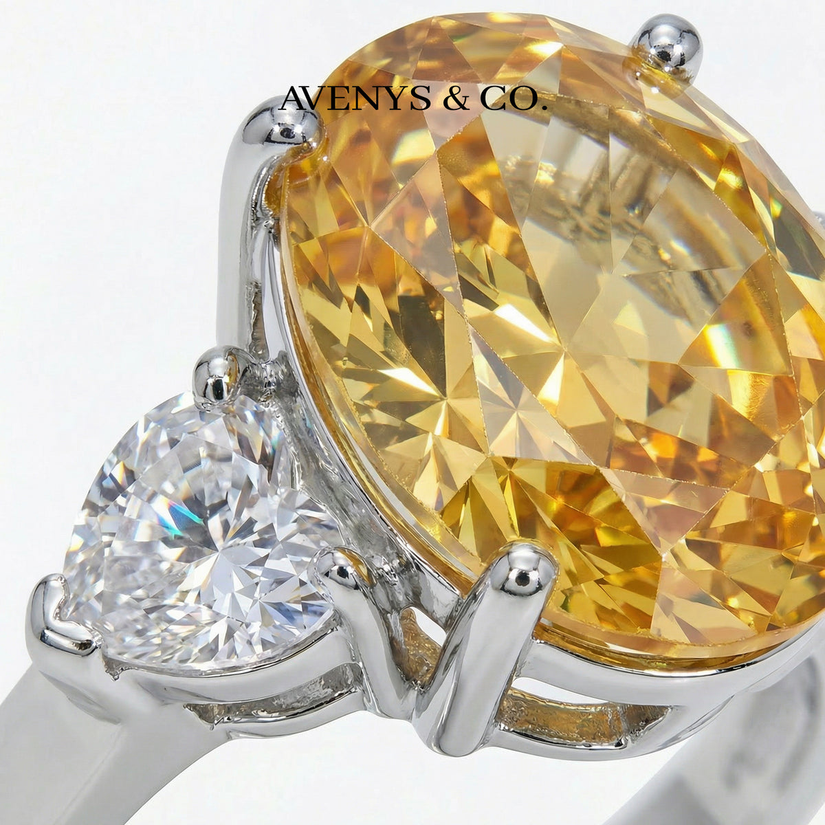 Oval Trilogy Pear Ring with Yellow Oval Stone – on White Gold