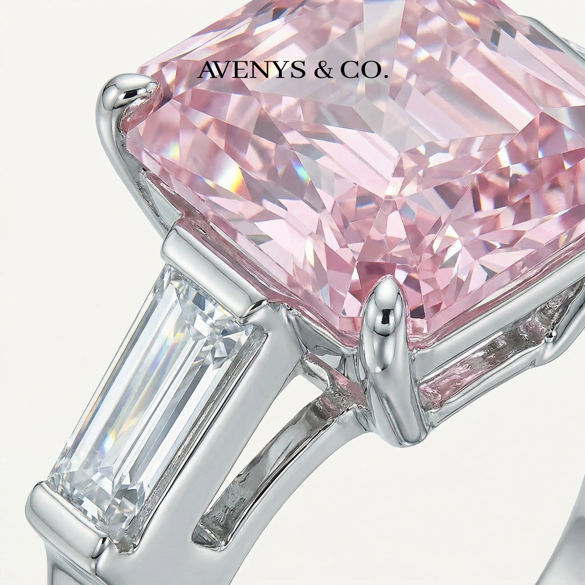 Radiant Trilogy Ring with Pink Radiant Stone – on White Gold