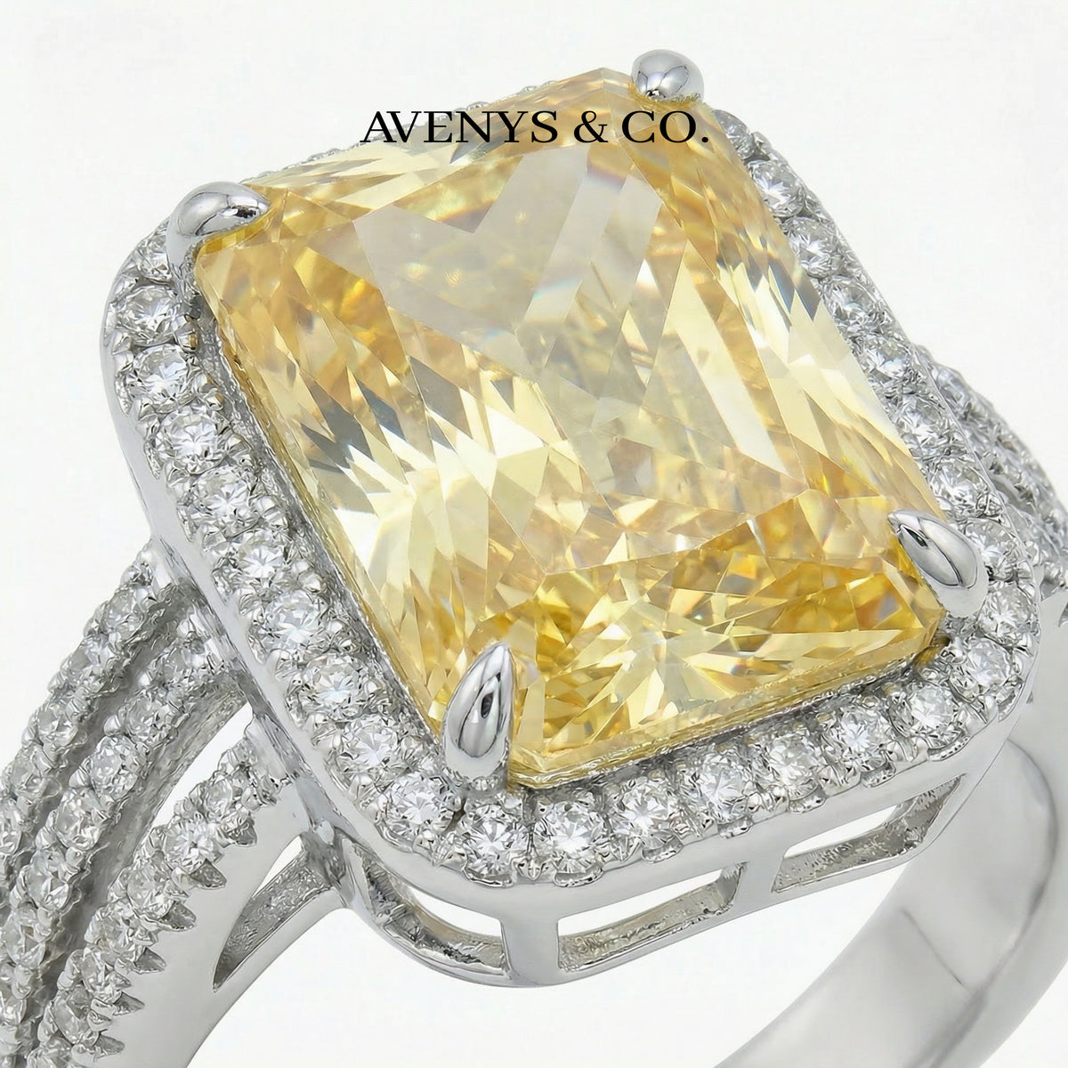 Triple Shank Radiant Ring with Yellow Radiant Stone – on White Gold
