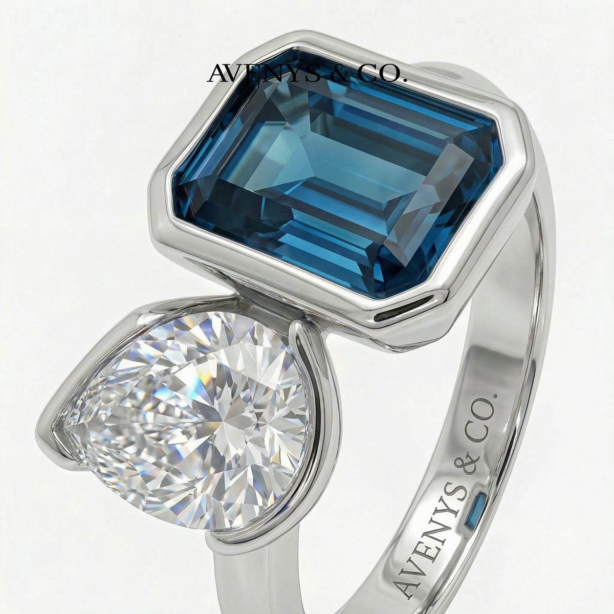 Duality Ring with Blue Emerald Stone – on White Gold