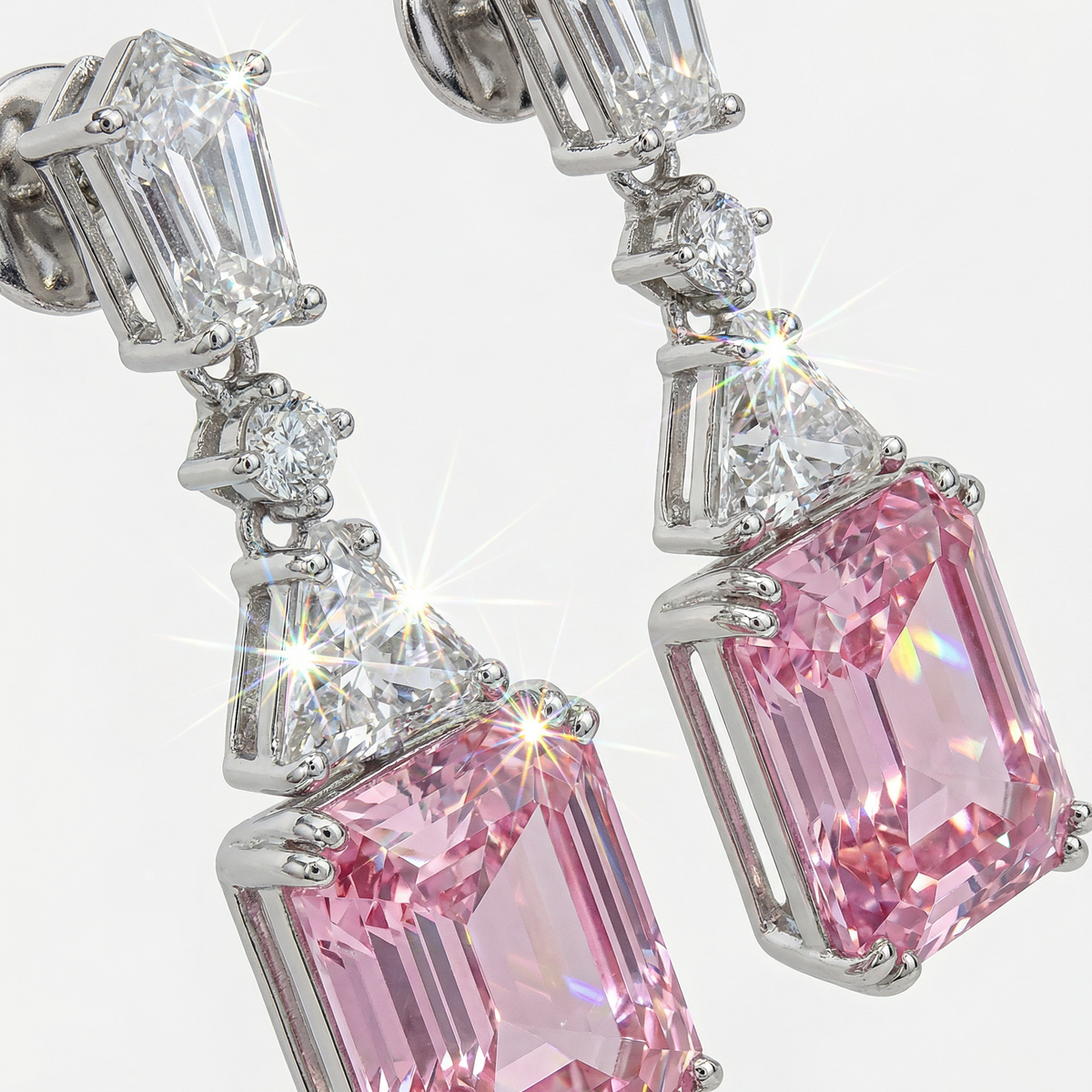 Radiant Drop Earrings with Pink Radiant Stone – on White Gold