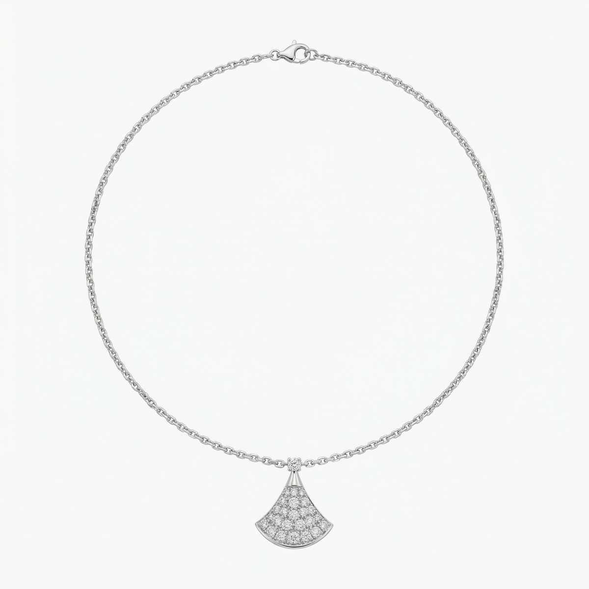 Fan Pave Necklace with White Round Stone – on White Gold