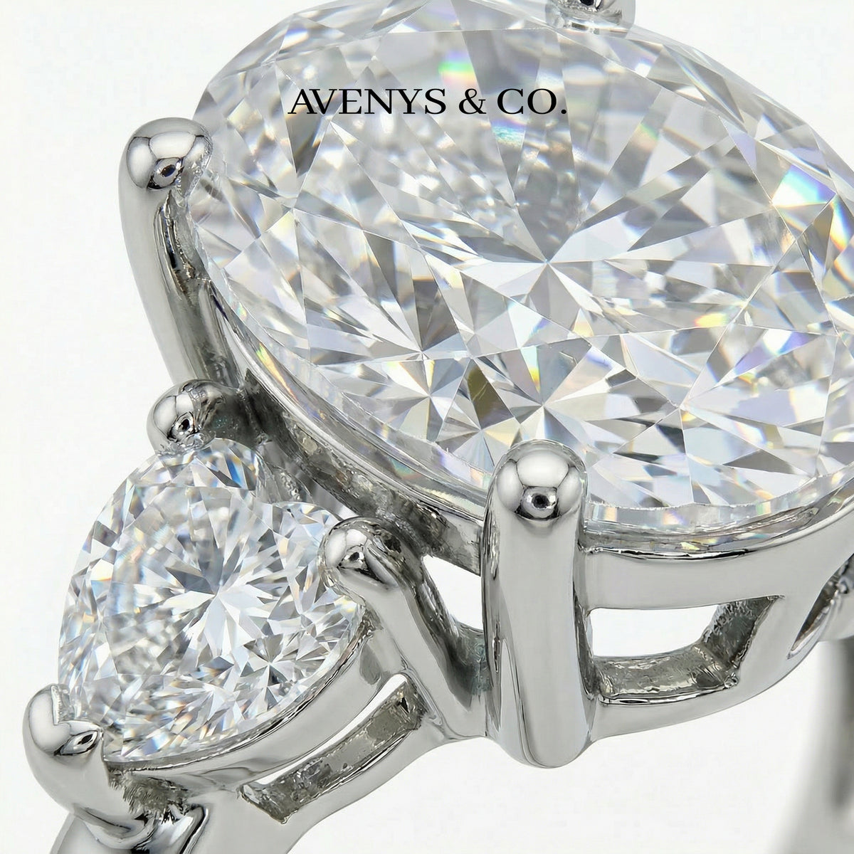 Oval Trilogy Pear Ring with White Oval Stone – on White Gold